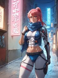 abs ai_generated athletic breasts crotch_bulge implied_futanari long_hair ponytail self_upload solo stable_diffusion theskyisalwaysbeautiful