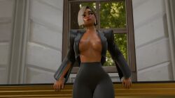 1girls 3d antonia_(fortnite) blush dark-skinned_female dark_skin earrings female female_only fortnite fortnite:_battle_royale neckline perete secretary semi_naked semi_nude solo