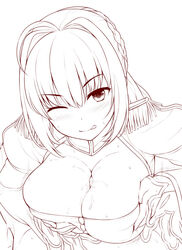 ;q ahoge blush braid breast_squeeze breasts cleavage cleavage_cutout dress epaulettes fate/extra fate_(series) female french_braid hair_intakes juliet_sleeves large_breasts long_sleeves monochrome nero_claudius_(fate) one_eye_closed paizuri precum puffy_sleeves short_hair solo solo_focus sweat tongue tongue_out uni8