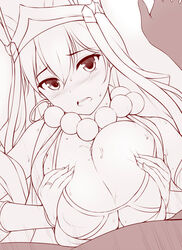 1boy bead_necklace beads bikini_top blush breast_squeeze breasts cleavage deep_skin earrings fate/grand_order fate_(series) female hat hoop_earrings jewelry large_breasts looking_at_viewer monochrome necklace open_mouth paizuri penis pov prayer_beads ring solo_focus sweat uni8 xuanzang_(fate)