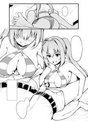 1boy :d ahoge bar_censor bikini blank_speech_bubble blush bottomless breasts censored comic criss-cross_halter erection fate/grand_order fate_(series) female fujimaru_ritsuka_(male) hair_intakes halter_top halterneck indoors large_breasts long_hair lying nero_claudius_(fate) nero_claudius_(swimsuit_caster) nose_blush on_back open_mouth paizuri penis sidelocks sitting smile speech_bubble straight striped striped_bikini swimsuit teeth twintails uni8 wariza