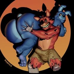 2boys big_ass big_butt blue_body blue_skin bonnie_(fnaf) carrying carrying_partner erection erection_under_clothes eye_patch five_nights_at_freddy's fox fox_ears foxy_(fnaf) gay grabbing_ass koenics male male_only rabbit rabbit_ears red_body red_skin robot sharp_teeth smile smiling