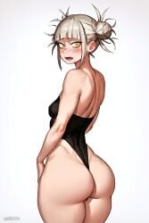 1girl ai_generated alternate_costume artist_name ass ass_focus back bags_under_eyes bangs bare_arms bare_back bare_shoulders black_leotard black_swimsuit blonde_hair blunt_bangs blush boku_no_hero_academia breasts covered_nipples cowboy_shot double_bun eyebrows_visible_through_hair fang fangs from_behind from_side gradient_background grey_background grey_hair hair_bun hair_up hand_on_hip hand_on_own_thigh highleg highleg_leotard highleg_swimsuit himiko_toga impossible_clothes impossible_leotard legs_together leotard looking_at_viewer looking_back looking_to_the_side medium_breasts messy_hair my_hero_academia nose_blush ntribber one-piece_swimsuit open_mouth photoshop_(medium) sanpaku sharp_teeth shiny_clothes shiny_hair shiny_skin short_hair shoulder_blades sideboob sidelocks simple_background skin_tight skindentation slit_pupils small_breasts smile solo standing strapless strapless_leotard swimsuit teeth thick_thighs thighs thong thong_leotard tongue twitter_username underwear upper_teeth wedgie white_background white_hair wide_hips yellow_eyes