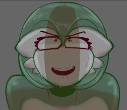 2020s 2023 2d 2d_(artwork) anthro anthrofied breasts cleavage eyebrows eyelashes gardevoir hi_res highres narrowed_eyes nintendo penis_awe penis_shadow pokémon_(species) pokemon pokemon_(species) red_eyes simple_background slim_waist srrealleaf sweat sweating