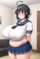 1girls ahoge ai_generated arms_behind_back belly belly_overhang black_hair black_ribbon blue_eyes blue_skirt blush covered_nipples fat gigantic_breasts midriff nervous original pleated_skirt plump self_upload serafuku short_hair skirt thick_thighs undersized_clothes white_shirt yoshi_tama_(style)