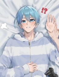 !? ? ?! ahoge bed blue_eyes blue_hair blue_lock blush eye_contact femboy feminine_male game_controller grabbing grabbing_hand hand_grab hiori_yo hoodie imminent_rape imminent_sex male male/male male_focus male_only male_pov on_bed pajamas pov pov_eye_contact pushed_down pushing_down sheets surprise surprised surprised_expression sweat sweatdrop sweating thin_hands wrist_grab yaoi