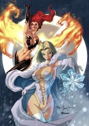 2girls blonde_hair cape clothed emma_frost female female_only fire fur jean_grey looking_at_viewer makeup marvel marvel_comics orange_hair phoenix_(x-men) qualano red_hair snowflake white_cape white_clothing white_queen x-men yleniadn86
