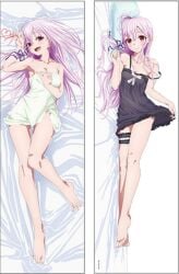 armpits bare_arms bare_legs bare_shoulders bare_thighs barefoot bed_sheet black_lingerie breasts cleavage dakimakura dakimakura_design engage_kiss feet kisara_(engage_kiss) lingerie long_hair lying medium_breasts mouth_closed official_art open_mouth pink_hair red_eyes smile strap_slip thighs toes towel towel_only