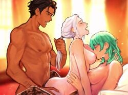 1boy 2024 2girls alternate_hairstyle bed bisexual bisexual_(female) bisexual_female blurry blurry_background breast_sucking breasts brown_hair byleth_(female)_(fire_emblem) byleth_(fire_emblem) byleth_(fire_emblem)_(female) claude_von_riegan closed_eyes completely_nude dark-skinned_male dark_skin doggy_style edelgard_von_hresvelg ffm_threesome fire_emblem fire_emblem:_three_houses fire_emblem_warriors:_three_hopes from_behind green_hair group_sex hair_pull head_back highres large_breasts leggings light-skinned_female light_skin medium_breasts medium_hair multiple_girls nintendo nipples nude nude_female nude_male official_alternate_hairstyle open_mouth patterned_clothing ponytail sethkiel sex sweat threesome white_hair