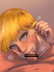 1boy 1girls 2d apex_legends bar_censor blonde_hair blowjob blue_eyes blush blush caustic_(apex_legends) censored digital_media_(artwork) female female_focus highres lichtenberg_figure looking_at_viewer looking_up oral oral_sex pov respawn_entertainment short_hair wanrtb wattson_(apex_legends) yellow_hair