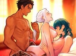 1boy 2024 2girls alternate_hairstyle bed bisexual bisexual_(female) bisexual_female blue_hair blurry blurry_background breast_sucking breasts brown_hair byleth_(female)_(fire_emblem) byleth_(fire_emblem) byleth_(fire_emblem)_(female) claude_von_riegan closed_eyes completely_nude dark-skinned_male dark_skin doggy_style edelgard_von_hresvelg ffm_threesome fire_emblem fire_emblem:_three_houses fire_emblem_warriors:_three_hopes from_behind group_sex hair_pull head_back highres large_breasts leggings light-skinned_female light_skin medium_breasts medium_hair multiple_girls nintendo nipples nude nude_female nude_male official_alternate_hairstyle open_mouth patterned_clothing ponytail sethkiel sex sweat teal_hair threesome white_hair