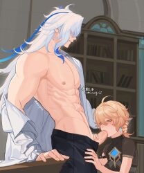 2boys abs absurdres aether_(genshin_impact) black_pants blonde_hair blue_hair blush bookshelf commentary earrings fellatio gay genshin_impact grin hair_between_eyes highres indoors jewelry long_hair long_sleeves male_focus male_pubic_hair mizongziz multicolored_hair multiple_boys muscular muscular_male neuvillette_(genshin_impact) nipples open_clothes open_shirt oral orange_eyes pants penis pubic_hair shirt short_sleeves single_earring smile sweat symbol-only_commentary twitter_username uncensored veins veiny_penis very_long_hair white_hair white_shirt yaoi