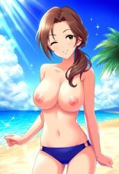 ai_generated beach bikini_bottom breasts idolmaster idolmaster_cinderella_girls kawashima_mizuki nipples smile topless