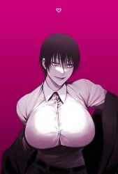 1girls bangs big_breasts black_hair blank_background blouse breast_focus breasts busty button_pop buttoned_shirt clothed_breasts clothed_female curvy curvy_figure dress_shirt genderswap_(mtf) jacket jacket_partially_removed jujutsu_kaisen large_breasts looking_at_viewer milf mother office_lady pink_background plump_lips questionable_consent rule_63 short_hair smirk smirking smirking_at_viewer solo solo_female solo_focus suit tagme tagme_(artist) tight_clothes tight_clothing tight_fit toji_fushiguro tomboy very_short_hair