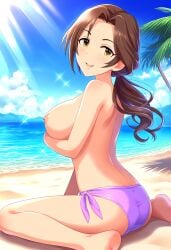 ai_generated ass beach bikini_bottom breasts idolmaster idolmaster_cinderella_girls kawashima_mizuki nipples smile topless