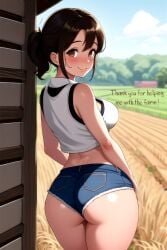 1boy 1boy1girl 1girls ai_assisted ai_generated anime_nose ass ass_focus ass_up blush booty_shorts breasts brown_eyes brown_hair busty caption clouds day daytime english english_text farm farmgirl female_focus hay large_breasts male_pov original original_character outdoors outside proud rear_view sexy_pose sky small_but_busty smile soft_breasts solo_focus speech sunlight teen teenage_girl teenager text trees white_shirt work_uniform young