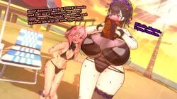 1boy 3d astolfo_(fate) baobabz breasts fate/grand_order fate_(series) female femboy highres josou_seme koikatsu_(medium) large_breasts large_penis lipstick_mark murasaki_shikibu_(fate) murasaki_shikibu_(swimsuit_rider)_(first_ascension)_(fate) otoko_no_ko penis purple_lips size_difference