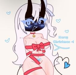 1girls blue_eyes blush breasts collar dialogue english_text female female_focus female_only gacha haru_(lewd_haru) horns im_going_to_kill_myself large_breasts lewd_haru_(artist) long_hair succubus succubus_tail succubus_tattoo tail text white_hair wrapped_up