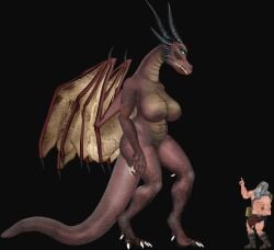 1boy 1girls beard belinda_(book_of_korvald) black_background book_of_korvald breasts dragon dragoness female game_cg green_eyes grey_hair horns human korvald male monster monster_girl scales scalie sharp_teeth size_difference tail wings