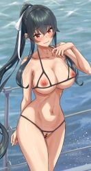 bar_censor bikini black_bikini black_hair breasts censored closed_mouth collarbone crotchless crotchless_bikini cupless_bikini female female_only hair_between_eyes highres kantai_collection kecyabbu large_breasts long_hair navel nipples ocean outdoors ponytail pussy red_eyes ribbon smile solo solo_female string_bikini swimsuit very_long_hair white_ribbon yahagi_(kantai_collection) yahagi_kai_ni_(kantai_collection)