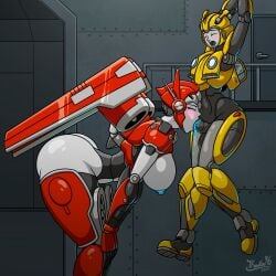 1boy big_breasts blowjob bumblebee_(transformers) chained_wrists creampie_mouth cum_in_mouth fellatio female female_on_femboy femboy femboy_on_female femboysub large_ass oral questionable_consent restrained shatter_(transformers) tagme tfmaster96 transformers