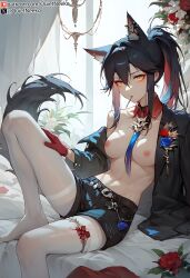 1girls ai_generated arknights bedroom black_hair breasts breasts_out cat_ears clothing feet female female_only gloves image jacket legs looking_at_viewer naked panties pantyhose quietneeko red_hair shorts sitting texas_(arknights) thighhighs thighs wolf_ears