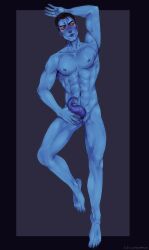 1boy 1male alien alien_boy alien_male blue_hair blue_skin chiss feet grand_admiral_thrawn laying_down looking_at_viewer male male_only muscular_male nipples penis red_eyes smile smiling smiling_at_viewer solo_focus solo_male star_wars star_wars_rebels tentacle_penis