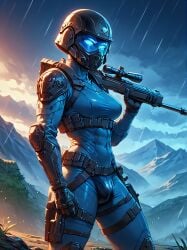 ai_generated armor breasts clothed crotch_bulge futanari gun helmet holding_gun implied_futanari mountain mountains rain self_upload sniper_rifle solo stable_diffusion theskyisalwaysbeautiful visor_helmet