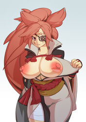 areolae baiken big_breasts breasts female female_only flashing guilty_gear jacqli large_breasts looking_at_viewer nipples no_bra solo