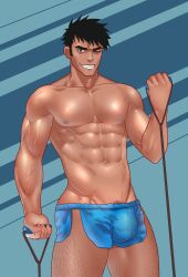 balls_under_clothes bara big_bulge bulge clothing inmomakuro male male_nipples male_only muscular_male nipples penis_under_clothes