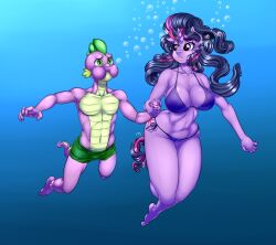 1boy 1girls abs anthro asphyxiation barefoot big_breasts bikini breasts bubble busty clothes dragon drowning feet female friendship_is_magic hasbro holding_hands male mare muscles my_little_pony pia-sama plantigrade_anthro size_difference smaller_male spike_(mlp) swimming swimsuit twilight_sparkle_(mlp) underwater