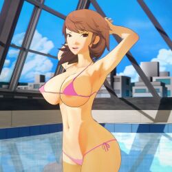 1girls armpits arms_behind_head atlus big_breasts bikini boobs breasts brown_eyes brown_hair busty hi_res large_breasts legs looking_at_viewer minibikini navel persona persona_3 pink_bikini pool pose posing seductive seductive_smile sega sensual sexy_armpits short_hair smile solo swimsuit taplewds thighs water yukari_takeba