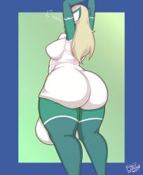 1futa arms_above_head arms_up back back_view bakara_jurgen balls better_version_at_source big_ass big_breasts blonde_hair bottle clothed clothing dofus erection erection_under_clothes fibilis from_behind fully_clothed futa_only futanari huge_ass huge_balls huge_cock human hyper_balls hyper_penis jpeg_artifacts long_hair penis penis_between_breasts solo standing stretching thick_thighs wide_hips