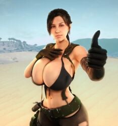 1girls 3d 3d_(artwork) alternate_breast_size black_hair clothed clothed_female female female_only female_solo gigantic_breasts gloves hips hourglass_figure huge_breasts human human_female human_only metal_gear metal_gear_solid_v midriff ponytail quiet_(metal_gear) slim_waist solo solo_female top_heavy top_heavy_breasts vaako