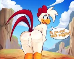 anthro anus ass avian backsack balls beak bent_over bird chicken eyebrows feathers galliform gallus_(genus) genitals hi_res male outside phasianid presenting presenting_hindquarters raised_eyebrow seductive solo tail tail_feathers tygerussy white_body white_feathers