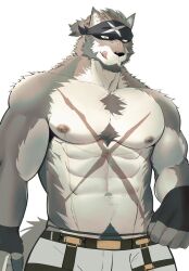 another_eidos_of_dragon_vein_r anothereidos_of_dragon_vein_r anthro armpit_hair balls_bulge bandanna_on_forehead belt bodily_fluids body_hair bottomwear bulge canid canine canis chains chest_hair clothing full_house_(anothereidos_r) fullhouse gold_(metal) gold_chain happy_trail hi_res male male_only mammal muscular muscular_male nipple_piercing nipples pants piercing scar solo sweat tenting wolf wubaikongx yellow_eyes