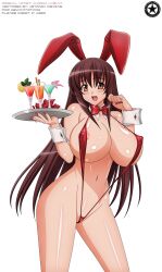 2015 absurd_res akiranyo areola_slip artist_logo artist_name bowtie breasts_bigger_than_head brown_eyes brown_hair_female bunny_girl_suit cocktail cocktail_glass collar_(clothes) cuffs_(clothing) english_text fingernail_polish floppy_ears flower_petals huge_breasts kuroda_kazuya long_hair mixed_drink monokini nude_version_available open_mouth red_bowtie red_bunny_ears red_monokini red_nail_polish shiny_skin text transparent_background tray vector_trace