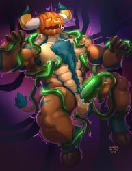 2023 2_horns abs anthro barazoku biceps big_muscles biped bovid bovine cattle curved_horn for_a_head glaucablitz hi_res horn male mammal milking_tentacles muscular muscular_anthro muscular_male object_head pecs pumpkin_head solo tentacle