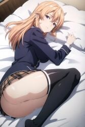 ai_generated ass ass bed big_breasts kagura_aiart laying_on_bed laying_on_side nakiri_erina pillow school_uniform shokugeki_no_souma