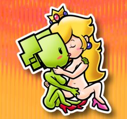 2017 2d 2girls blonde_hair earrings fawful69 female female_only fingering green-skinned_female green_skin high_heels making_out mario_(series) mimi_(super_paper_mario) mob_face multiple_girls nintendo orange_background paper_mario paper_peach princess_peach super_paper_mario vaginal_masturbation white_outline yuri