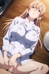 ai_generated big_breasts blush censored censored_genitalia censored_penis censored_pussy chef_uniform clothed_female clothed_female_nude_male clothed_sex kagura_aiart kitchen kitchen_sex kitchen_table laying_on_back laying_on_table missionary_position missionary_sex mosaic_censoring mosaic_censorship nakiri_erina no_pants sex shokugeki_no_souma