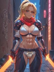 abs ai_generated athletic blonde_hair blonde_hair blue_eyes breasts crotch_bulge holding_sword holding_weapon implied_futanari long_hair looking_at_viewer ponytail self_upload solo stable_diffusion swords theskyisalwaysbeautiful