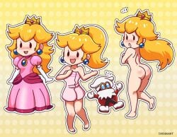 1boy 1girls :o ass barefoot blonde_hair clothed clothed_female completely_nude completely_nude_female covering covering_breasts crown dakunart dress embarrassed embarrassed_nude_female enf female full_body long_hair male mario_(series) naked naked_female nude nude_female open_mouth open_smile paper_mario paper_mario:_the_thousand-year_door paper_peach paper_peach_invisible_intermission princess_peach smile towel x-naut