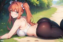 ai_generated big_ass big_breasts big_butt huge_ass laying_down leggings looking_at_viewer monika_(doki_doki_literature_club) on_stomach sweat sweatdrop sweaty