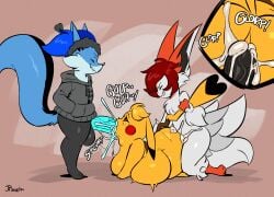 anal anal_sex anthro anthro_on_anthro anthro_penetrated anthro_penetrating anthro_penetrating_anthro ass biped bodily_fluids braixen breasts cosplay_pikachu_(character) cum cum_in_ass cum_in_mouth cum_inside dipstick_ears dipstick_tail ear_markings fellatio female female_penetrated fur generation_1_pokemon generation_5_pokemon generation_6_pokemon genital_fluids genitals group group_sex inflation inflation joaoppereiraus kanna_(joaoppereiraus) karter_(thixxen) legendary_pokemon male male/female male_penetrating male_penetrating_female markings multicolored_ears nintendo nude oral oral_penetration penetration penile penile_penetration penis penis_in_ass penis_in_mouth pikachu pokemon pokemon_(species) sex spitroast tail tail_markings thick_thighs threesome trio victini yellow_body