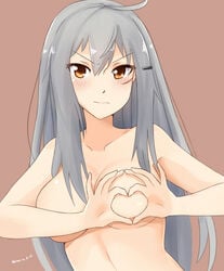 2010s blush breasts brown_background cyka dated female gangut_(kantai_collection) grey_hair hair_ornament hairclip heart heart-shaped_boob_challenge heart_hands kantai_collection large_breasts long_hair looking_at_viewer nude orange_hair remodel_(kantai_collection) scar scar_on_cheek simple_background solo