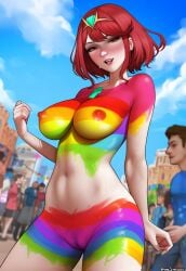 ai_generated bodypaint cameltoe chest_jewel city core_crystal_(xenoblade) exhibitionism female hair_ornament impossible_clothes lgbt_pride looking_at_viewer midriff naked_paint naughty_face nsfw open_mouth painted_clothes painted_shirt painted_shorts public_indecency pyra pyra_(xenoblade) rainbow_flag rainbow_print red_eyesstriped red_hair robofun short_hair smile street sweat tiara xenoblade_chronicles_2