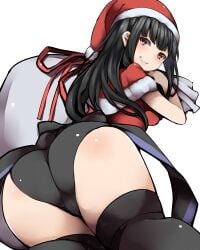 07th_expansion 2017 ass ass_focus bangs black_hair christmas christmas_outfit looking_at_viewer lucifer_(umineko) nemu_(nebusokugimi) smirk stakes_of_purgatory stockings thighs umineko_no_naku_koro_ni