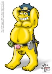 1boy 20th_century_fox 20th_century_studios arms_behind_head balls belly chief_wiggum cum cum_dripping_from_penis erection fat fat_man gay human looking_at_viewer male male_only money nipples nude_male obese obese_male overweight overweight_male penis police_hat police_officer policeman slashweilerdog solo solo_male the_simpsons white_background yellow_skin