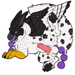 anal_beads avian balls beak blush closed_eyes genitals gryphon knot male mythological_avian mythological_creature mythology no_humans penis sex_toy solo symrea tarchun_(eueaglehawk) telegram_sticker white_body